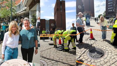 bildecollage av ordføreren under montering av kumlokk utenfor rådhuset.