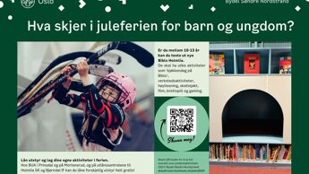 Plakat med bilder fra Biblo Holmlia og jente som henter en Hockey kølle.