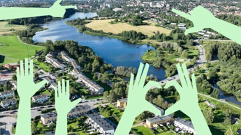 Dronebilde av Østensjø med illustrerte hender som peker og rekker opp hånda.