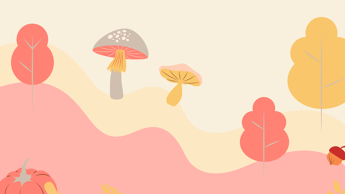 Illustrasjon viser trær og sopp i høsttema.