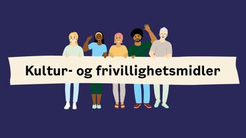 Illustrasjon av innbyggere som holder opp banner med tekst som leser "kultur- og frivillighetsmidler".