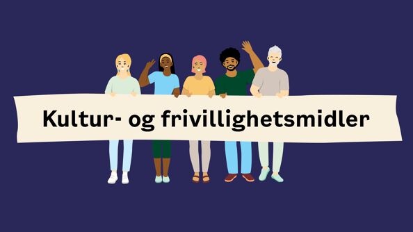 Illustrasjon av innbyggere som holder opp banner med tekst som leser "kultur- og frivillighetsmidler".