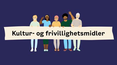 Illustrasjon av innbyggere som holder opp banner med tekst som leser "kultur- og frivillighetsmidler".