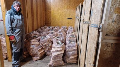 På Nordtvet gård er deltagerne fra Kalbakken aktivitetssenter klare til å utlevere store menger ved til vinteren.