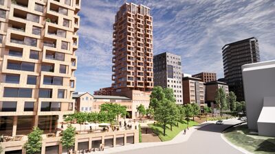 Illustrasjon av to nye bolighøyhus på Fyrstikktorget på Helsfyr