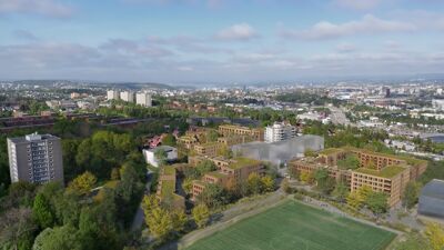 Illustrasjon av Haugerud senterområde med nye boliger