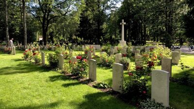 Krigsgraver i solskinn.