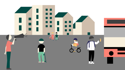 Illustrasjon av skolegård med barn, bygninger og buss. En person med megafon illustrerer medvirkning