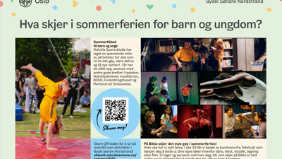 En plakat med tekst, bilder og QR-kode for å fortelle om aktiviteter for barn og unge i sommer