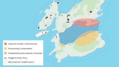 Kart som viser forurenset område på Gressholmen og Rambergøya