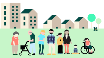 "Familien Østensjø" - Oslo-illustrasjoner av mange ulike familiemedlemmer med ulike aldere og behov