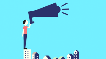 Illustrasjon av person med ropert på toppen av byen