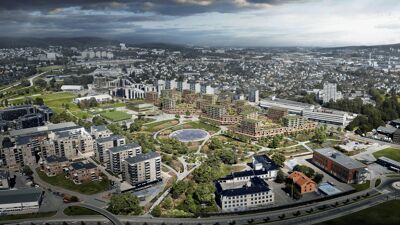Illustrasjon over eiendommen Økern torgvei 6. Den viser et stort område med skole, flerbrukshall, park og boliger. Boligfelt 1 skal selges til studentboliger. De to nederste boligfeltene (felt 3 og 4) er under omregulering for å få større park.