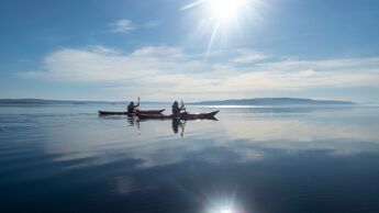 To personer padler kajakk på en blikkstille Oslofjord