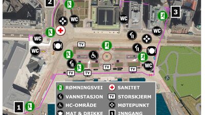 Kart over Rådhusplassen med toaletter og innganger.