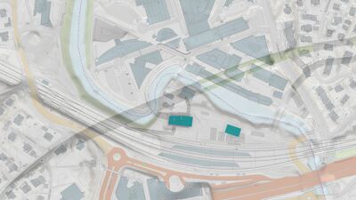 Illustrasjon som viser hvor tunnelen passerer under Lysakerelva. tre ganger.