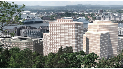 Bildet viser en illustrasjon av høyhusene som HAV Eiendom AS foreslår å bygge på Grønlikaia. Illustrasjonen viser hvordan utsikten fra Ekebergrestauranten ville blitt dersom man bygget høyhusene.