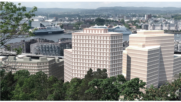 Bildet viser en illustrasjon av høyhusene som HAV Eiendom AS foreslår å bygge på Grønlikaia. Illustrasjonen viser hvordan utsikten fra Ekebergrestauranten ville blitt dersom man bygget høyhusene.