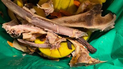 Grønn plastpose med kjøttbein oppi