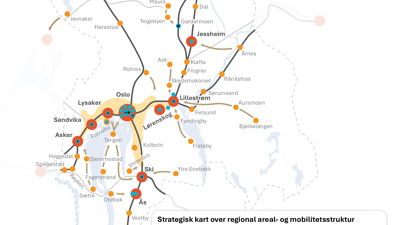 Nytt strategisk kart som viser forslaget fra fylkesrådet i Akershus og byrådet i Oslo til prioriterte vekstområder og mobilitetsstruktur i regionen