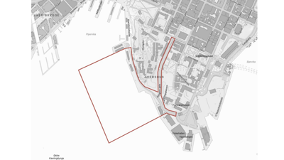 Svart-hvit tegning av området ved Akershusstranda. Militær sone er markert med rød strek.