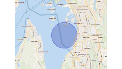 Kartutsnitt som viser Nesoddtangen, Kolbotn, Nordstrand og øyene i indre Oslofjord. Mørkeblå sirkel mellom disse områdene markerer militær forbudssone.