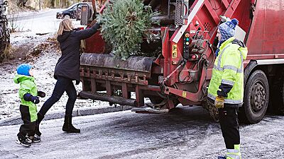 Barn ser på at dame kaster juletre inn i renovasjonsbil
