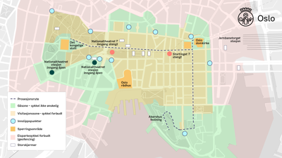 Kart over Oslo sentrum som viser gåsone, visitasjonssone, innslippspunkter, storskjermer, sperringsområde og forbudssone for elsparkesykler.