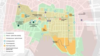Kart over Oslo sentrum som viser gåsone, visitasjonssone, innslippspunkter, storskjermer, sperringsområde og forbudssone for elsparkesykler.