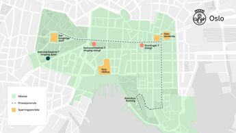 Kart over Oslo sentrum mellom Nasjonalteatret, Oslo domkirke og Akershus festning.
