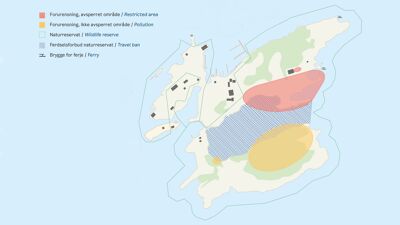 kart som viser forurensning på Gressholmen og Rambergøya, som stammer fra tidligere tiders bruk som skytebane