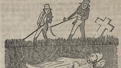 Illustrasjon av overgraveren som kastes i graven av graverne på kirkegården. Tegningen er muligens tegnet av en 22-årig Henrik Ibsen i Thranebevegelsens avis Arbeider-Foreningernes Blad 20. april 1850