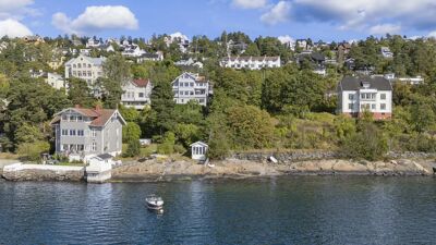 Utsikt til eiendommer langs sjøen i grønnkledd ås nedenfor Mosseveien