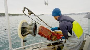 En mann i båt drar opp en gressklipper fra Oslofjorden.