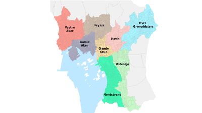 Bilde av Oslokart med fargeinndeling av de nye åtte bydelene med forslag til nye bydelsnavn