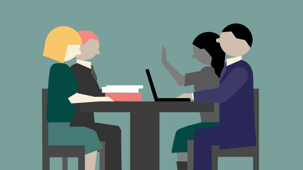 Illustrasjon av fire personer som sitter  rundt et bord og forhandler.