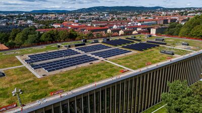 Grønt tak som produserer solenergi.