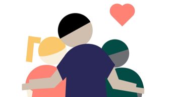 Illustrasjon av en voksen som holder rundt to barn.