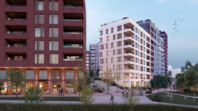 Arkitekttegnet illustrasjon: Tre boligblokker i 7 til 13 etasjer.