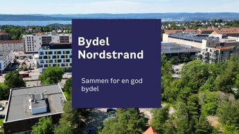 Fugleperspektiv av Nordstrand bydelshus med teksten Bydel Nordstrand - sammen for en god bydel