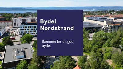 Fugleperspektiv av Nordstrand bydelshus med teksten Bydel Nordstrand - sammen for en god bydel