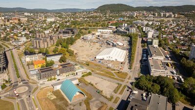Dronebilde av utviklingseiendom på Økern i Oslo.