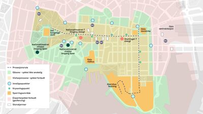 Kart over Oslo sentrum som viser gåsone, visitasjonssone, innslippspunkter, storskjermer, sperringsområde og forbudssone for elsparkesykler.