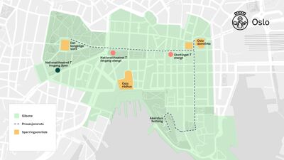 Kartet som viser gåsone i sentrum mellom Nasjonalteatret, Oslo domkirke og Akershus festning.