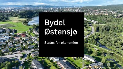 Dronebilde fra Bydel Østensjø med teksten bydel østensjø status for økonomien