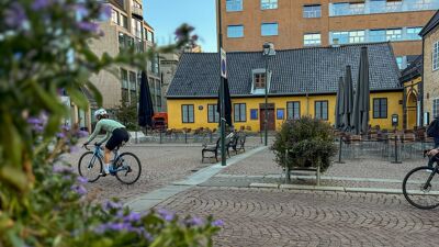 Lilla blomster i forgrunnen ved en åpen plass med benker, uteservering og en gul bygning. Moderne bygninger står i bakgrunnen.