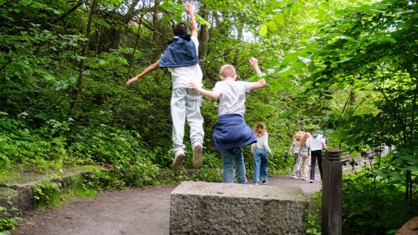 en gruppe unge på tur i skogen på sti, to hopper fra en sten