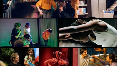 Barn og unge som gjør ulike aktiviteter på bibliotek