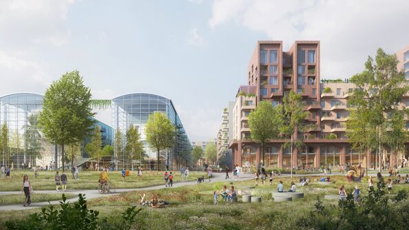 Illustrasjon over hvordan parken kan bli med blokk i bakgrunnen i teglsten