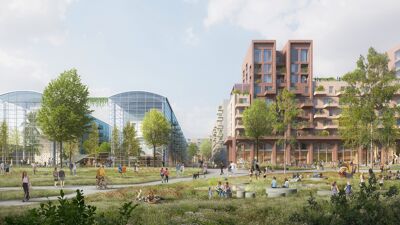 Illustrasjon over hvordan parken kan bli med blokk i bakgrunnen i teglsten